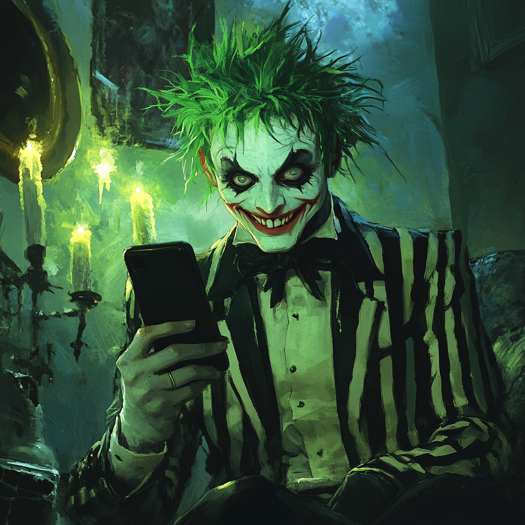 Mischievous man with green hair in striped suit on phone.