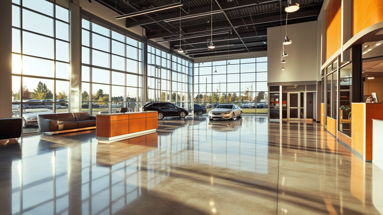 Modern, functional car dealership interior with clean lines, open areas.