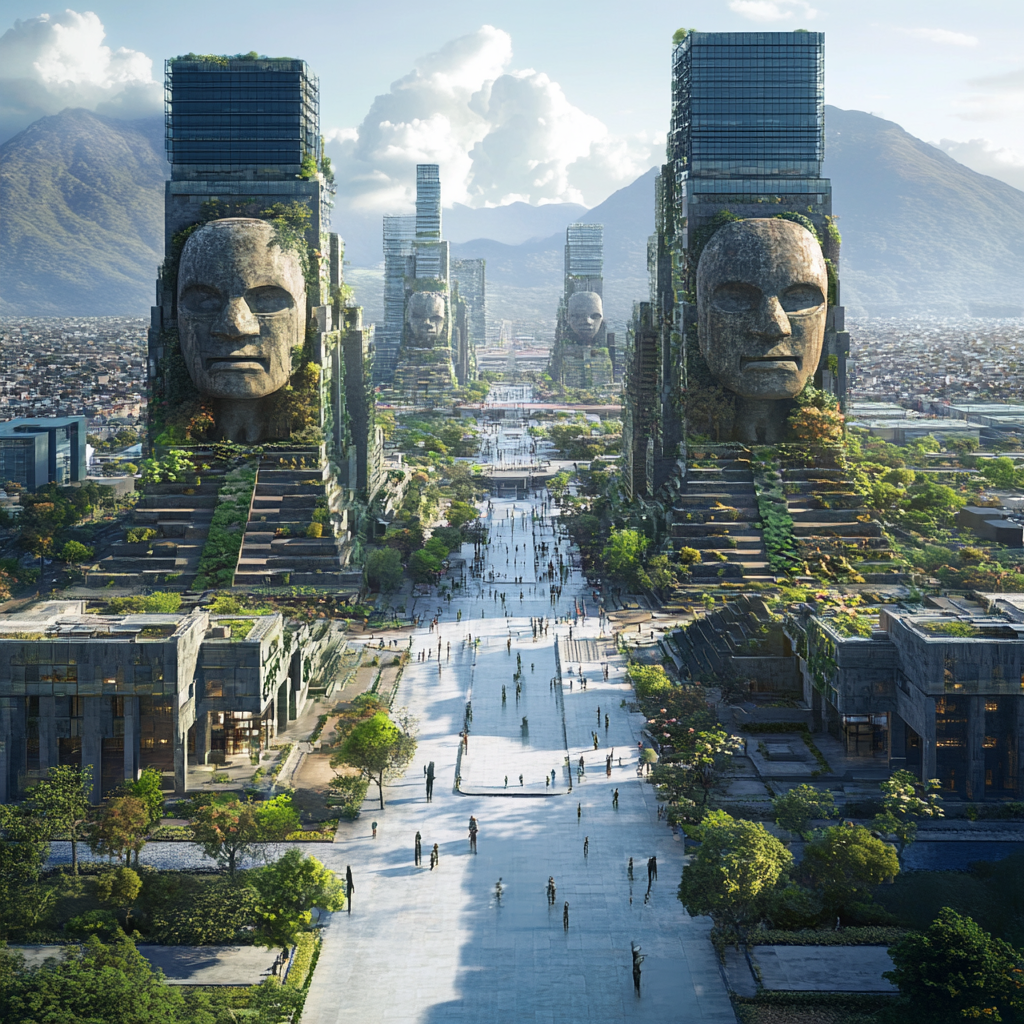 Modern cityscape blends ancient Olmec architecture seamlessly.