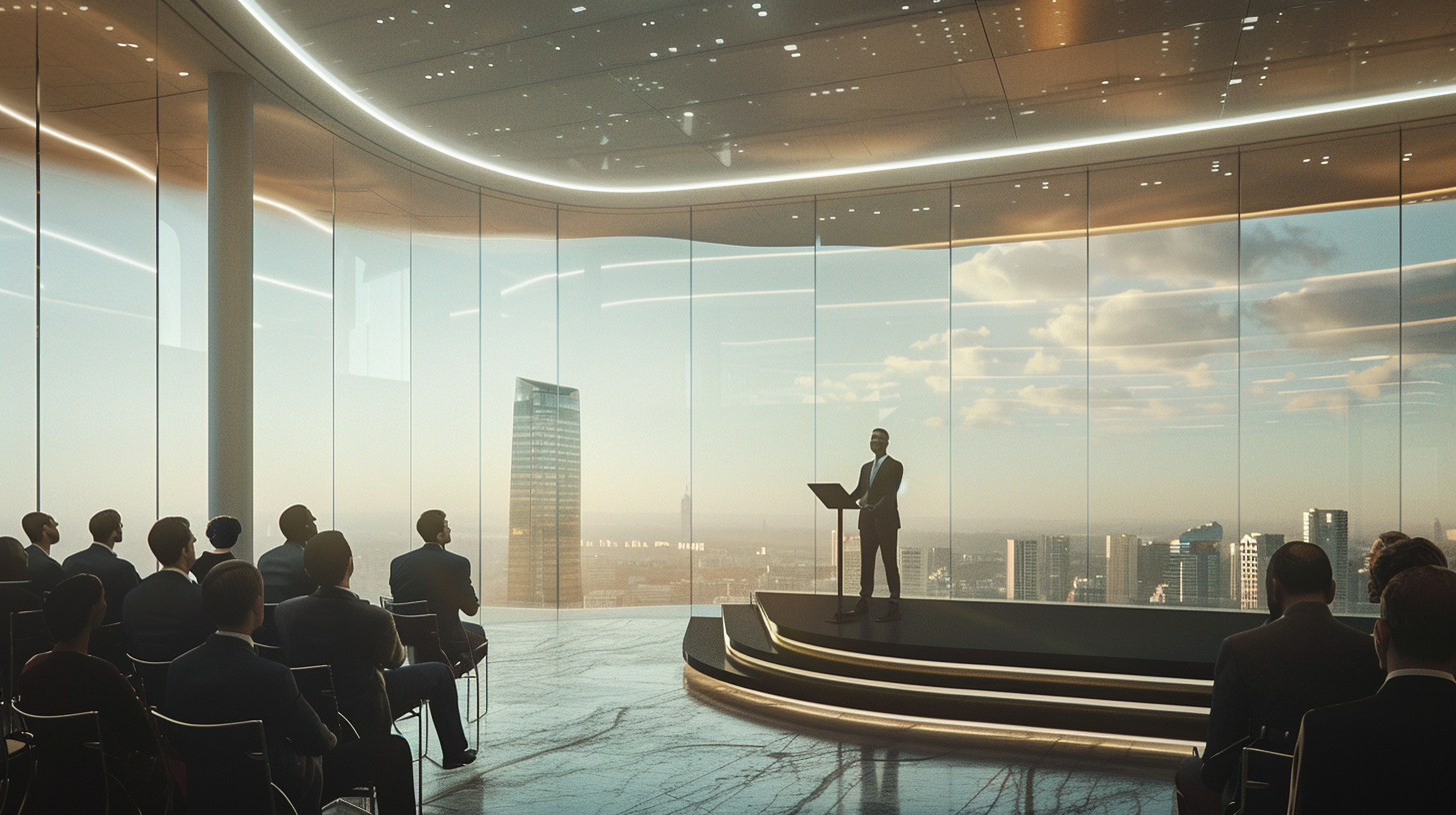 Modern futuristic courtroom with digital lectern and cityscape view.