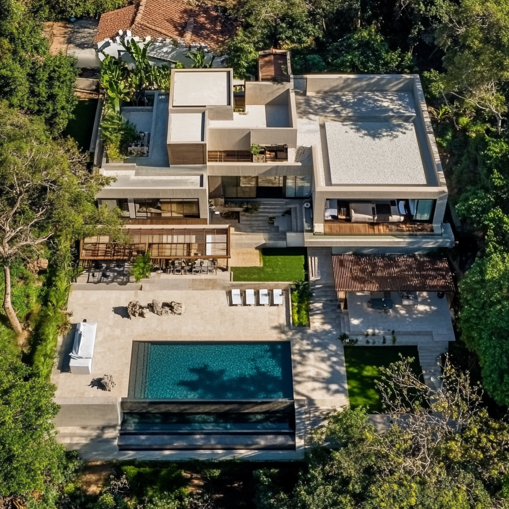 Modern main house with rooftop terrace, pool, guest house.