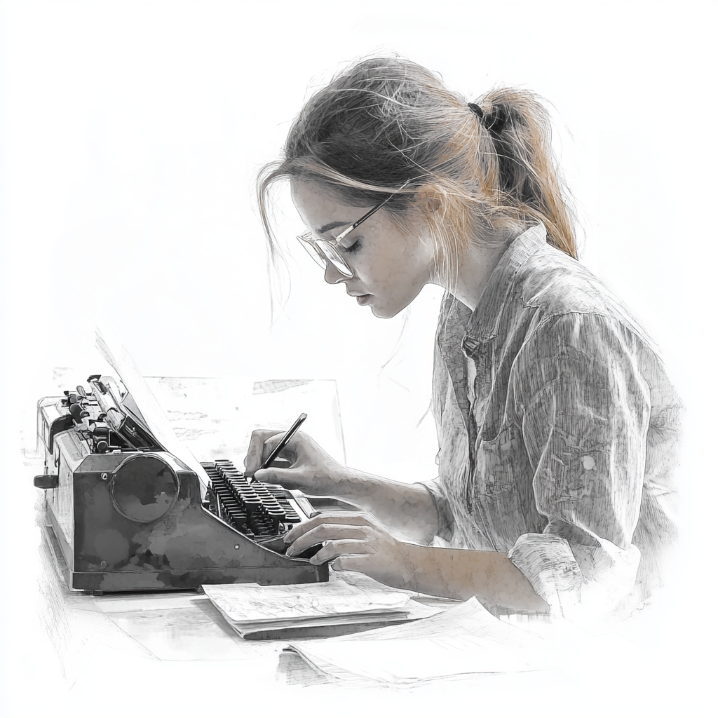 Modern office girl at desk typewriter, sketch, portrait.