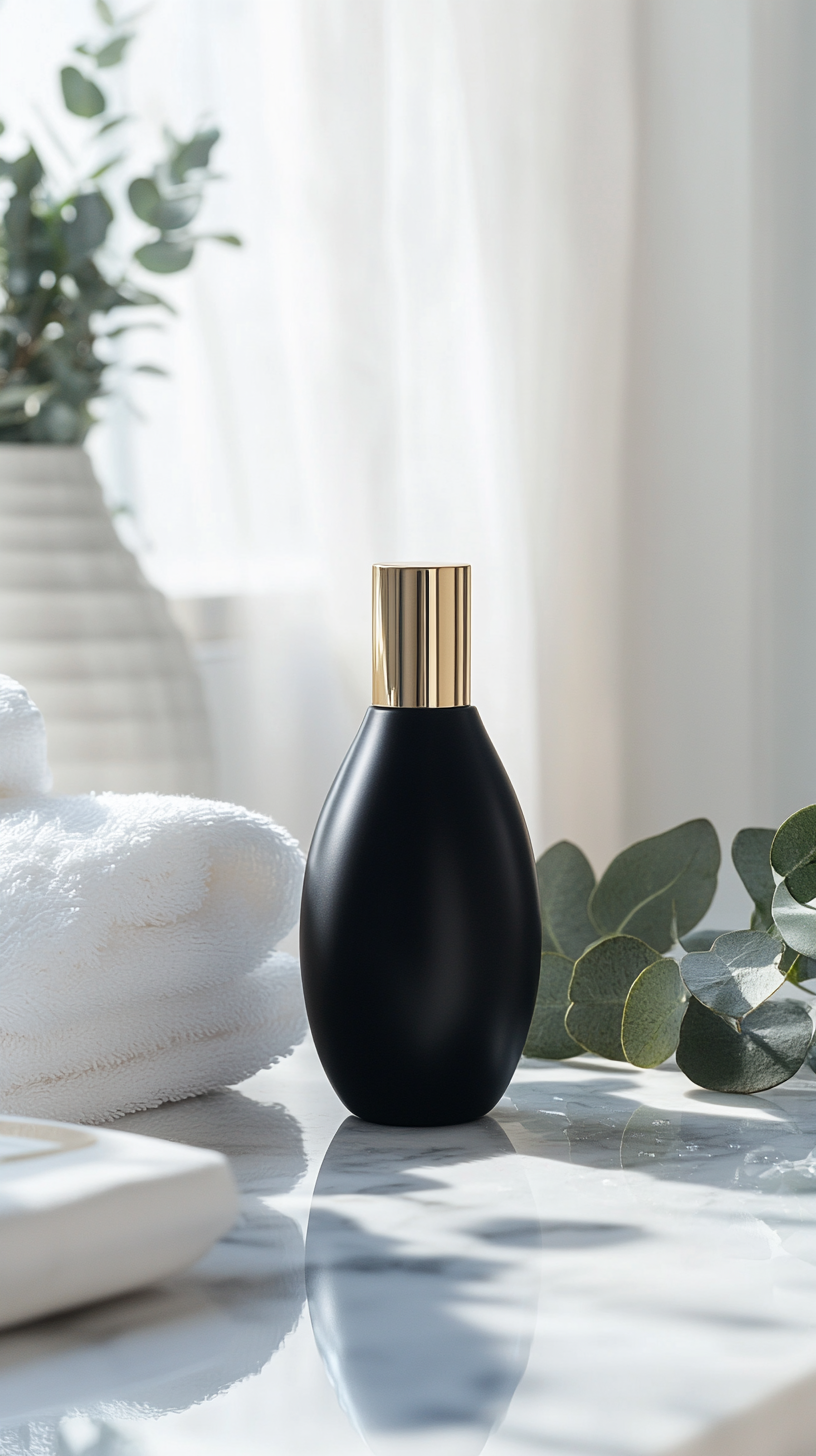 Modern shampoo bottle on marble counter with eucalyptus.