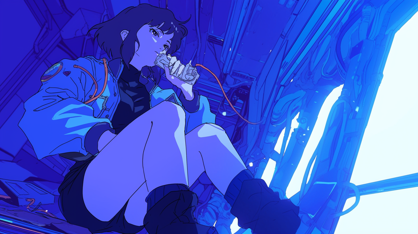 Mokoto Kusanagi appearing in cyberpunk anime style art.