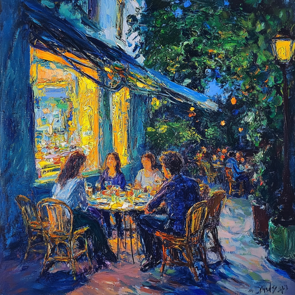 Monet painting in New York with people in cafe.