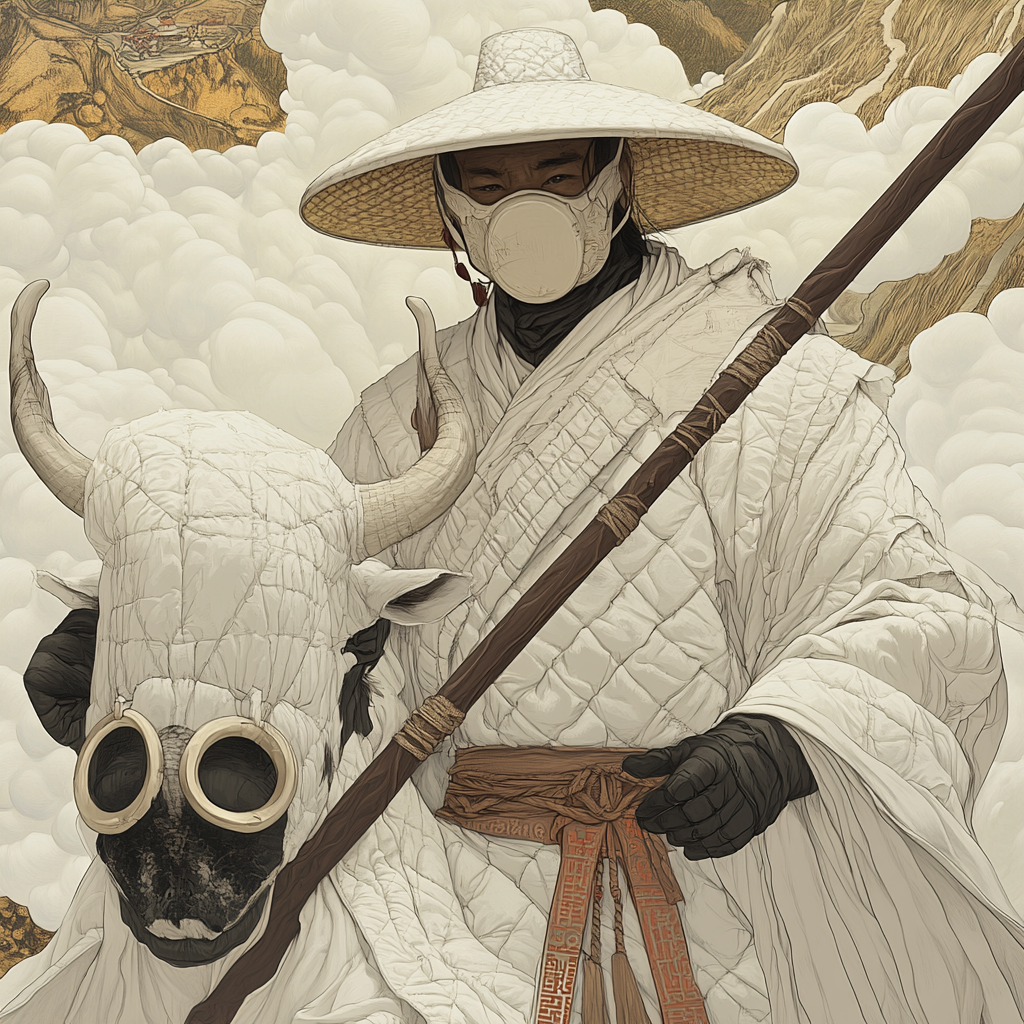 Monk in white mask and robe summons ghostly ox.