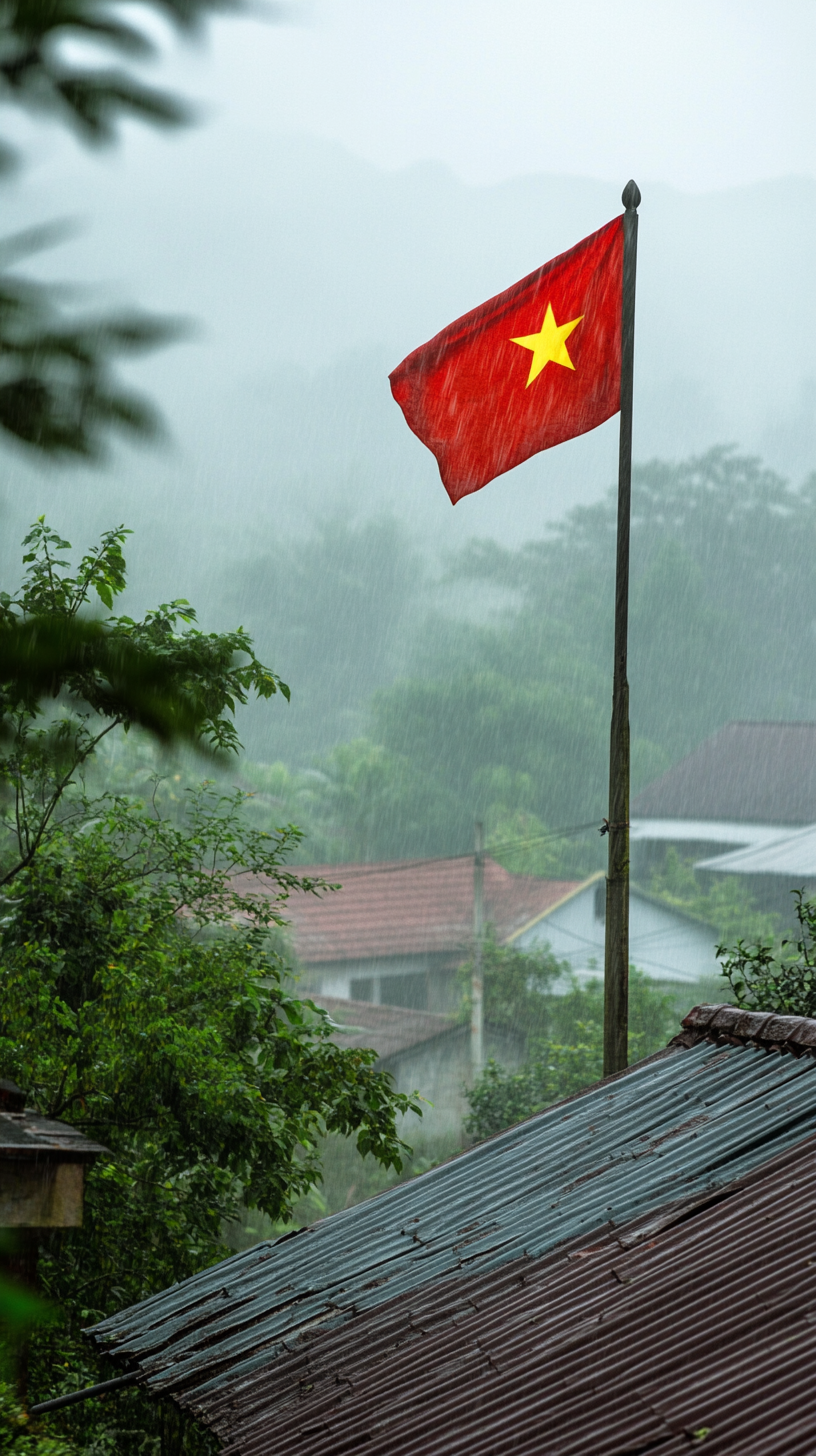 Moody rainy village scene with Vietnamese flag. Resilience and beauty.