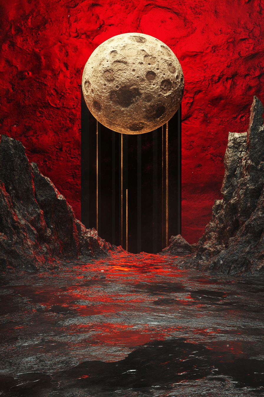 Moonrise shining above metallic sculpture in red and dark.