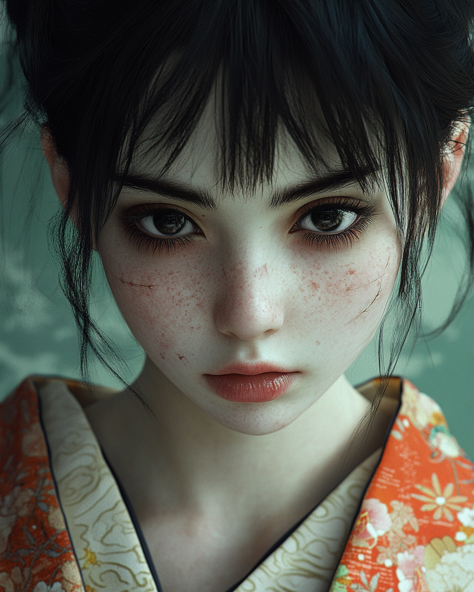 Morbidly white Japanese fairy with black eyes in kimono