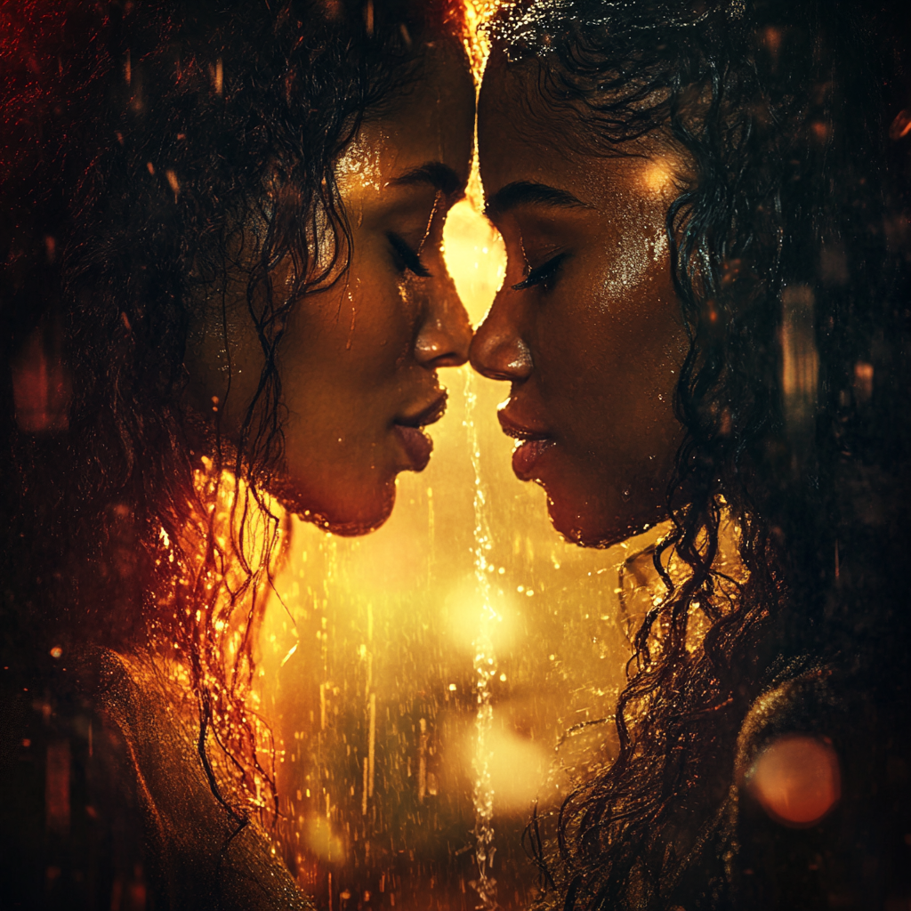 Movie poster: 2 women kissing in rain, cinematic, golden hour, fem fatal text, realistic style.