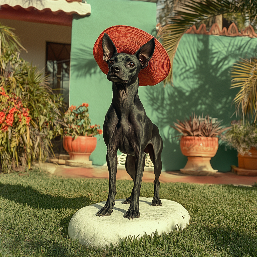 Muscular Black Xoloitzcuintle in Mexican Hat on Stone 