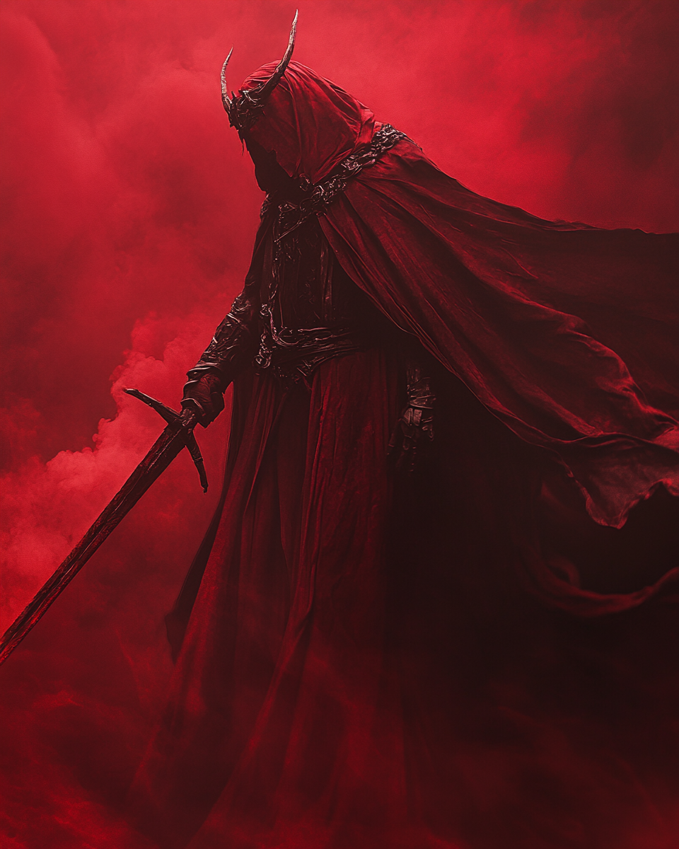 Mystical figure in red robes, crown, devil horns, sword