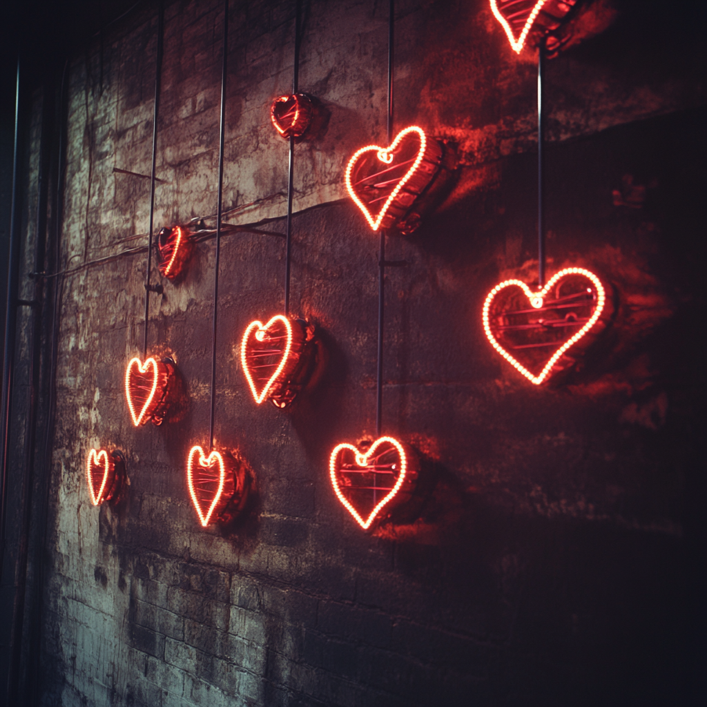 Neon Signs and Lips on Dark Wall, Realistic, High Resolution.