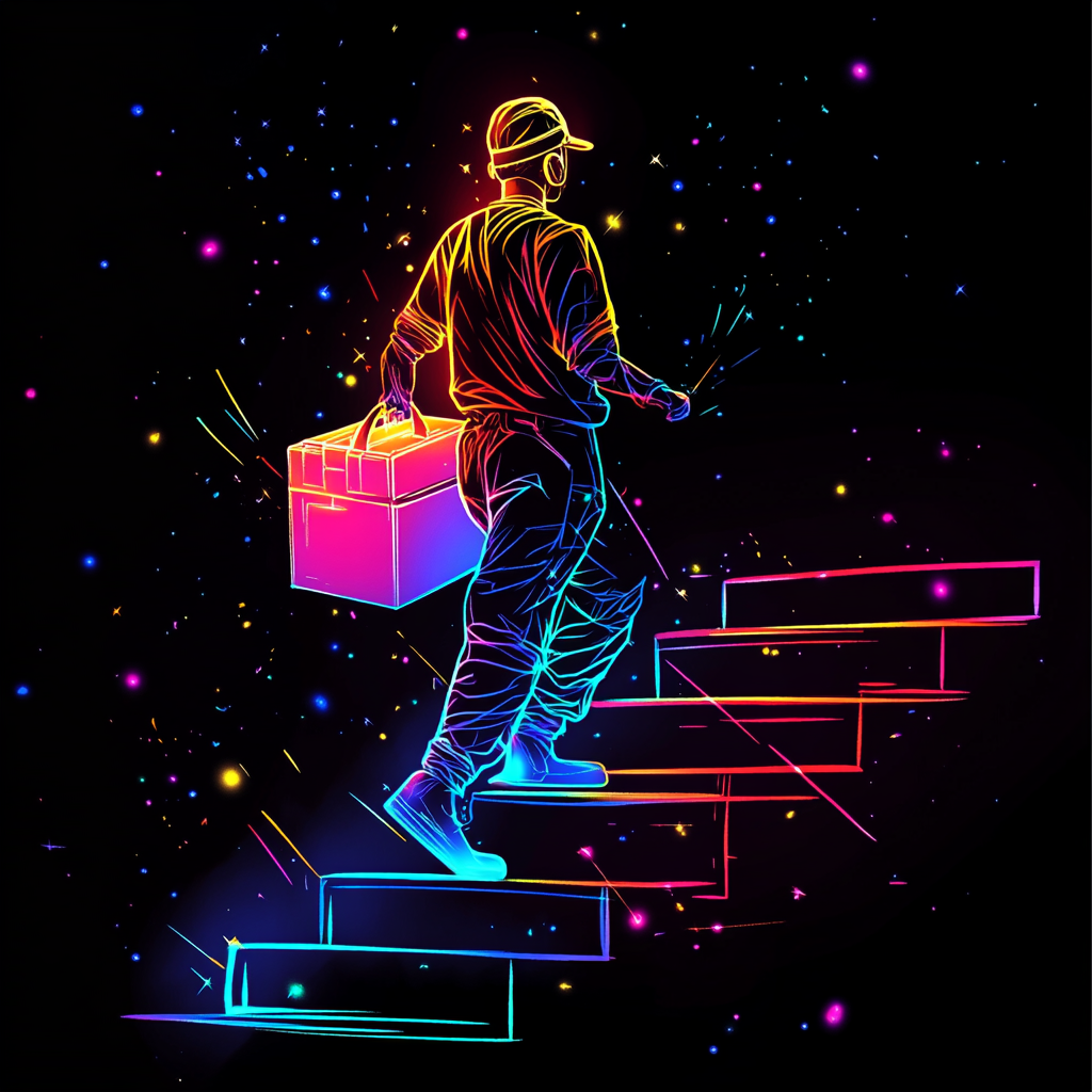 Neon sterile technician carrying medical package up stairs.