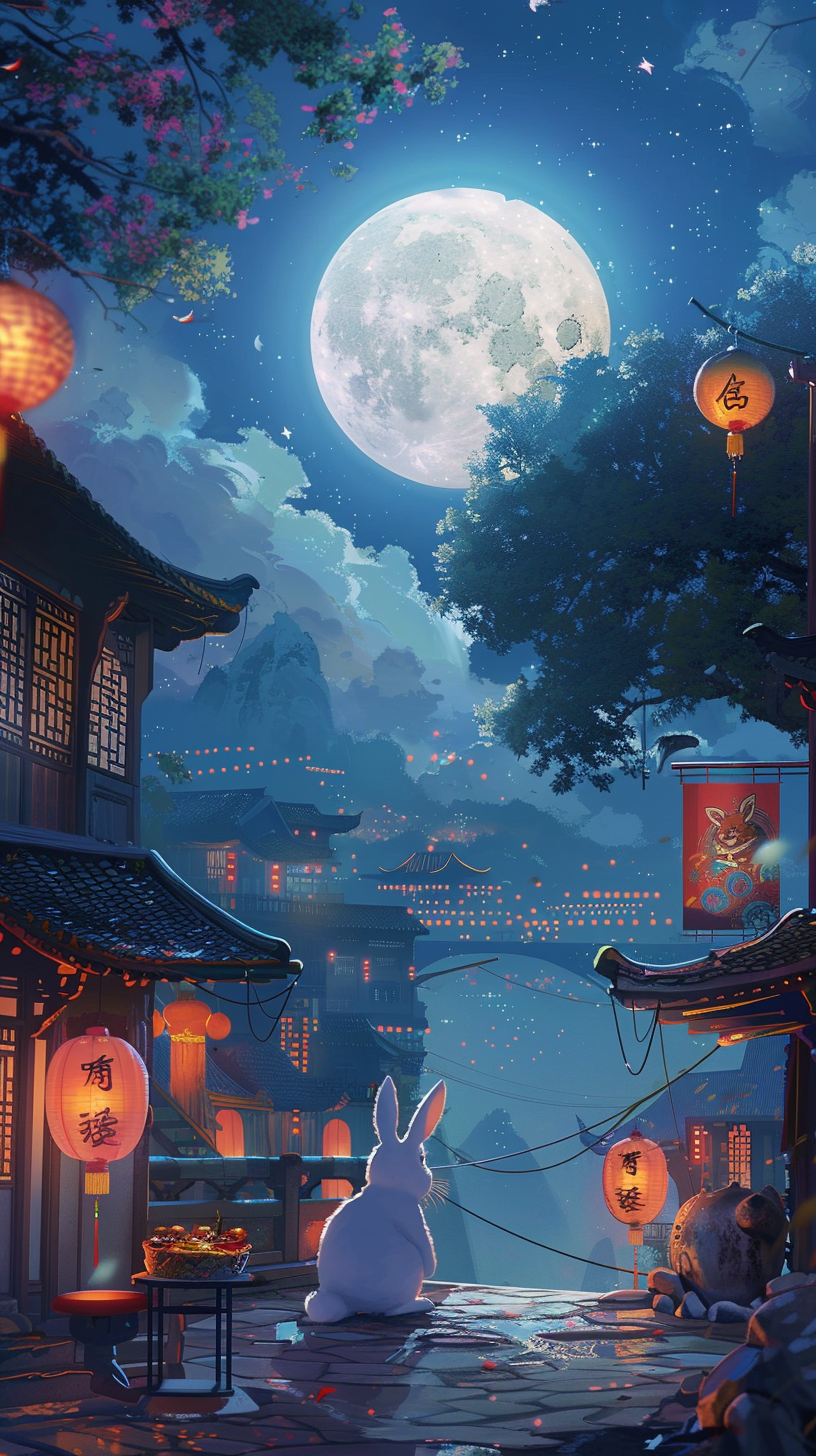 Night sky with moon, lanterns, rabbit, and stars.