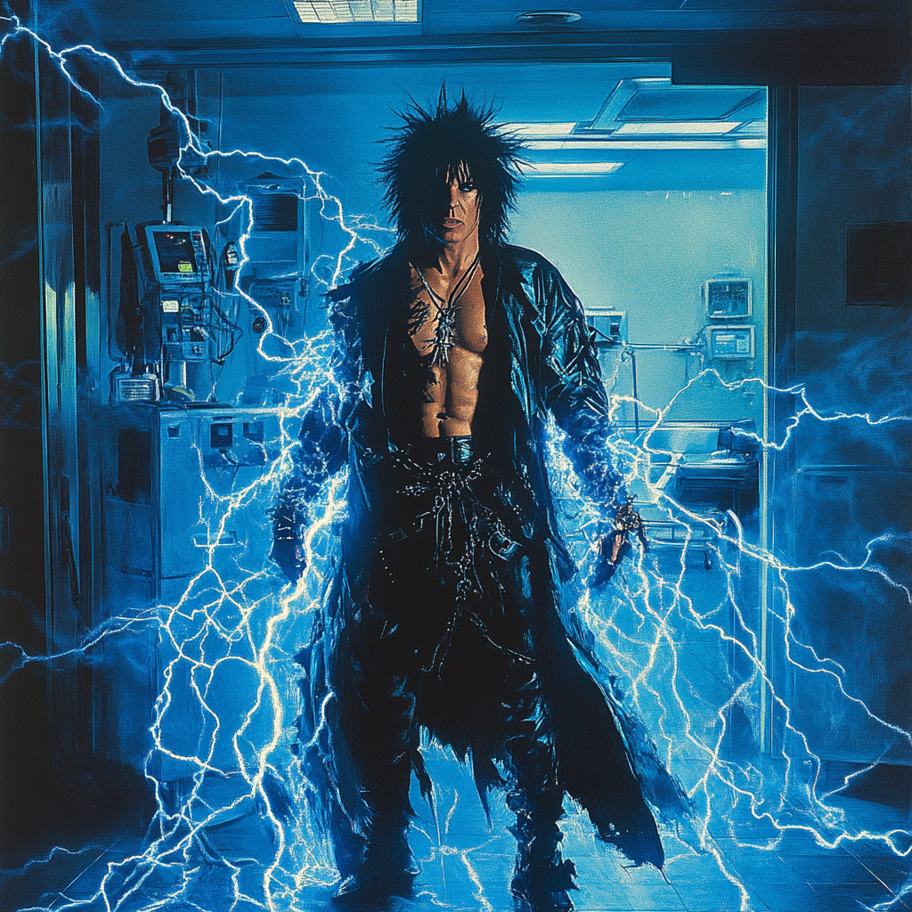 Nikki Sixx victorious in hospital ER with blue lightning.