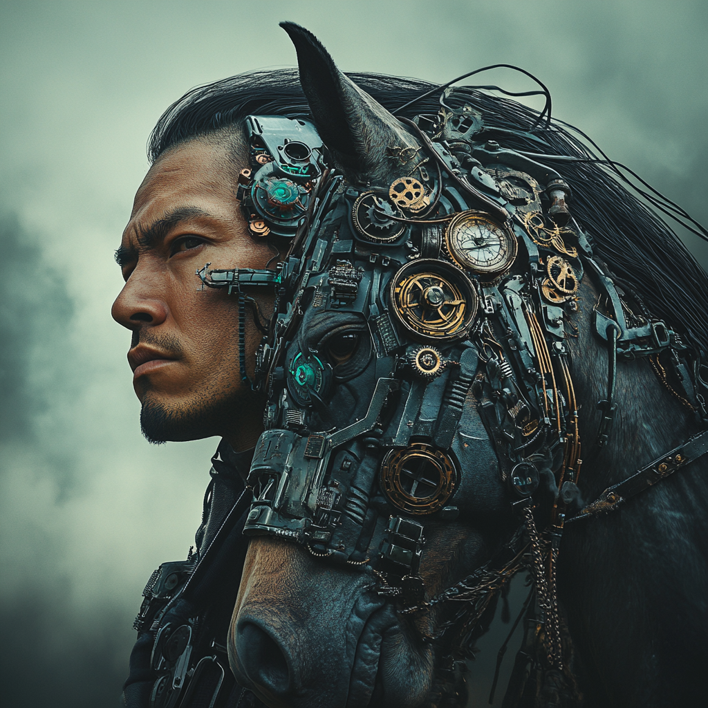 Nomad Kazakh warrior cyborg portrait with mechanical horse.