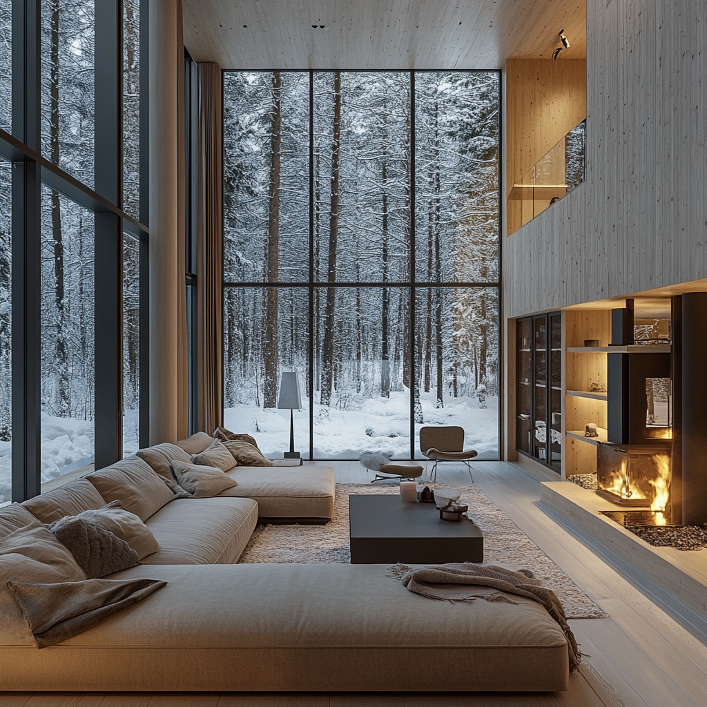 Nordic style home with wood, windows & cozy lighting.