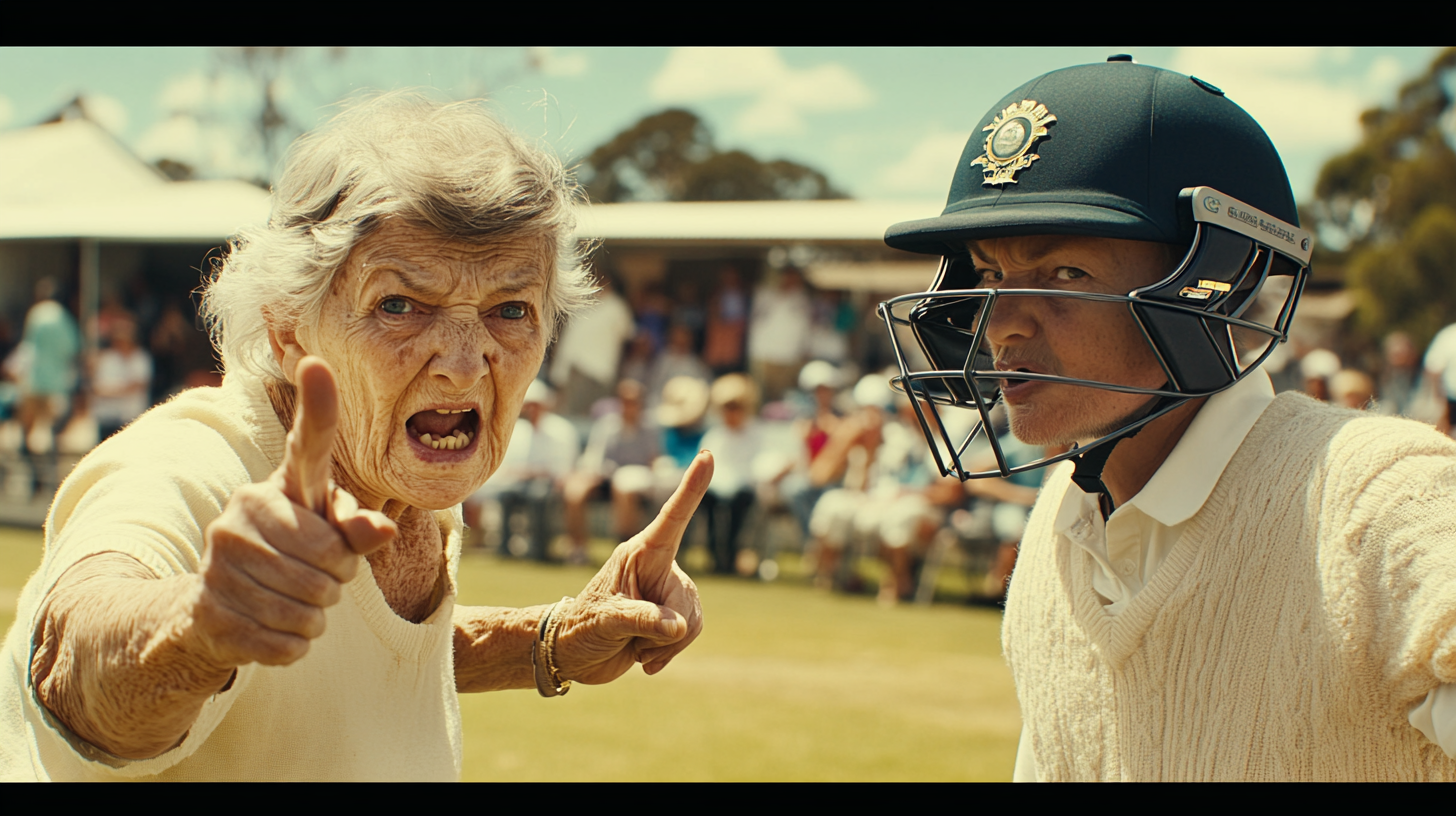 Old lady pointing finger guns at cricket batsman.