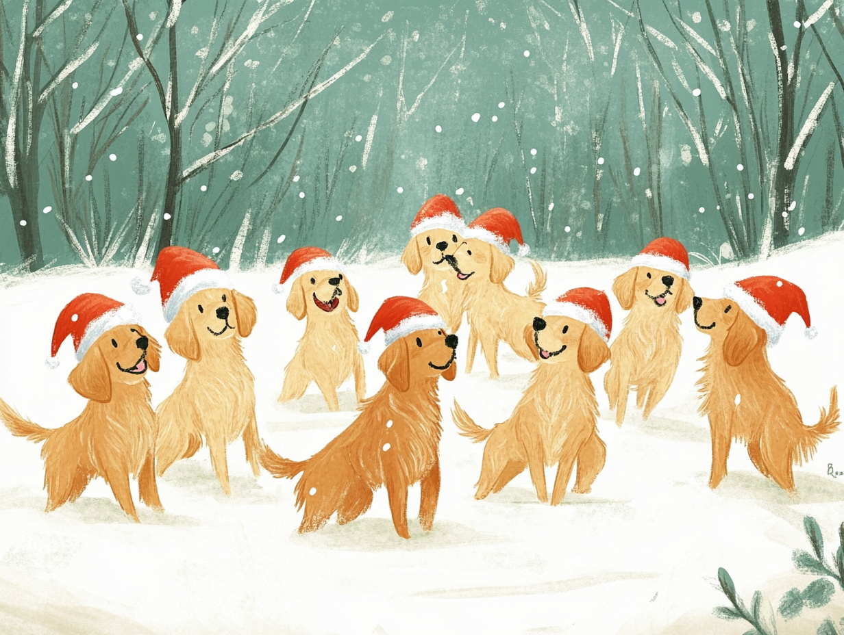 Oliver Jeffers style: Golden Retrievers w/ Santa hats playing.