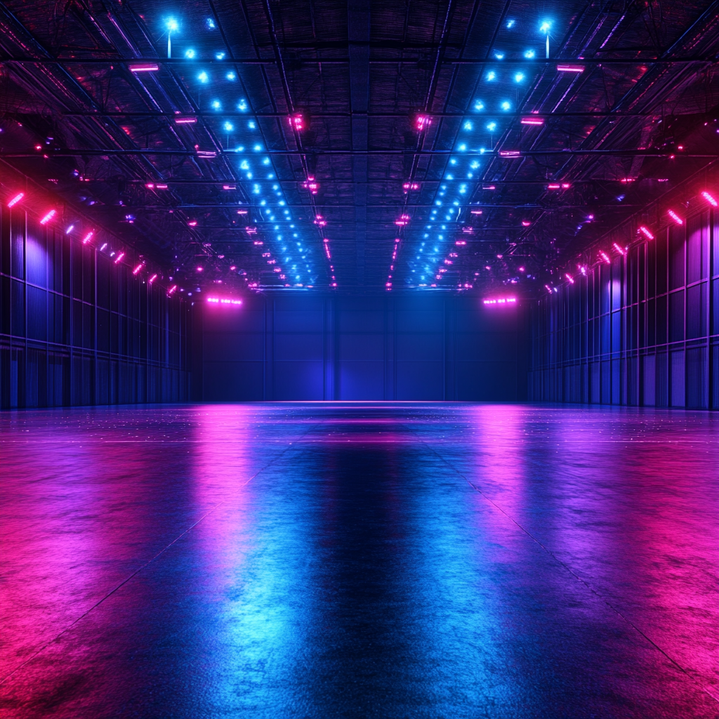 Olympics-themed sports event space with dynamic lighting.