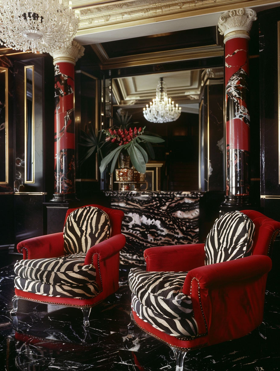 Opulent Art Deco living room with zebra print accents.