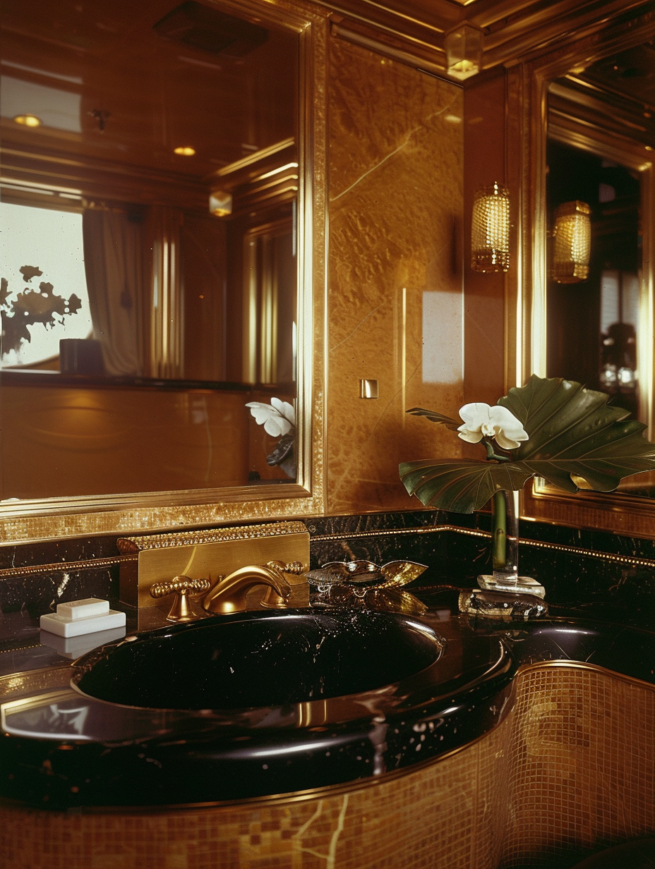 Opulent bathroom with zebra print sink and black marble.