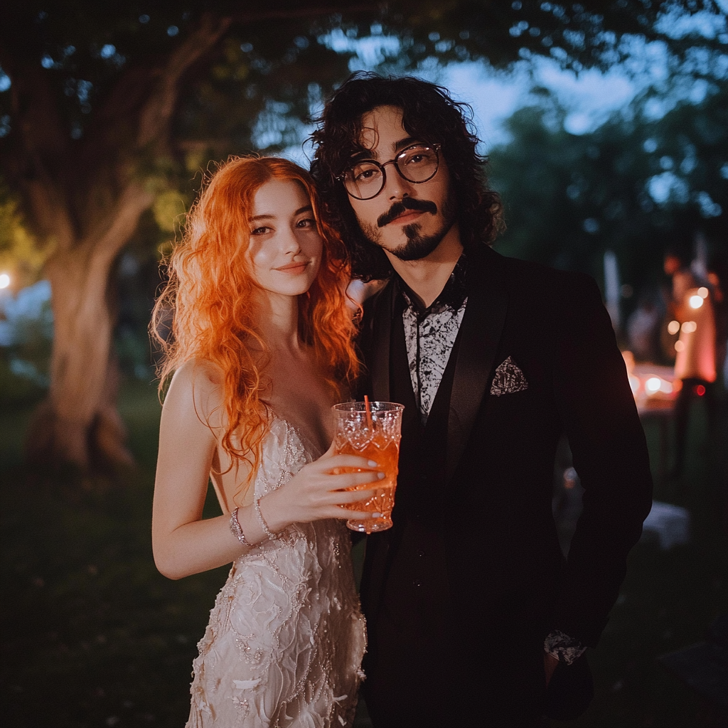 Orange-haired woman in wedding dress cheers with mustached man.