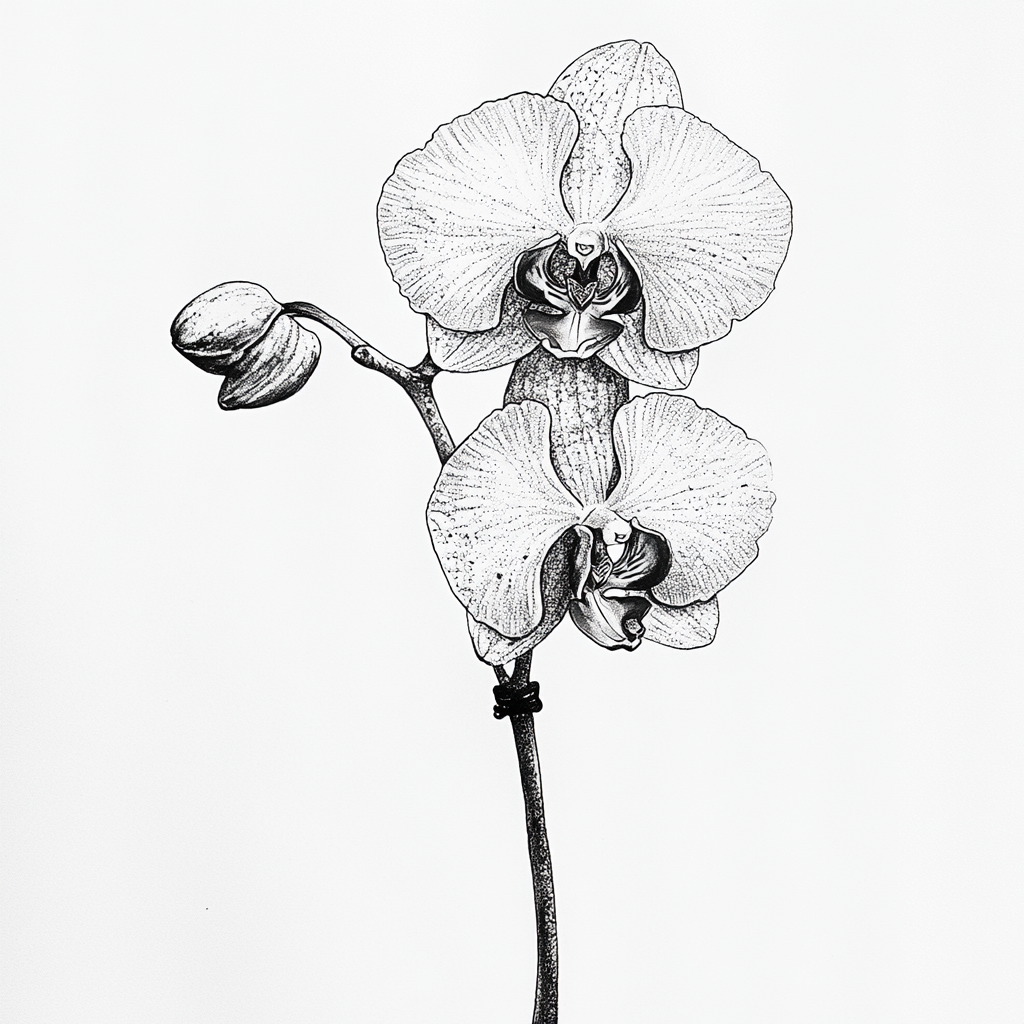 Orchid Tattoo Drawing with Wash Ink Splatter