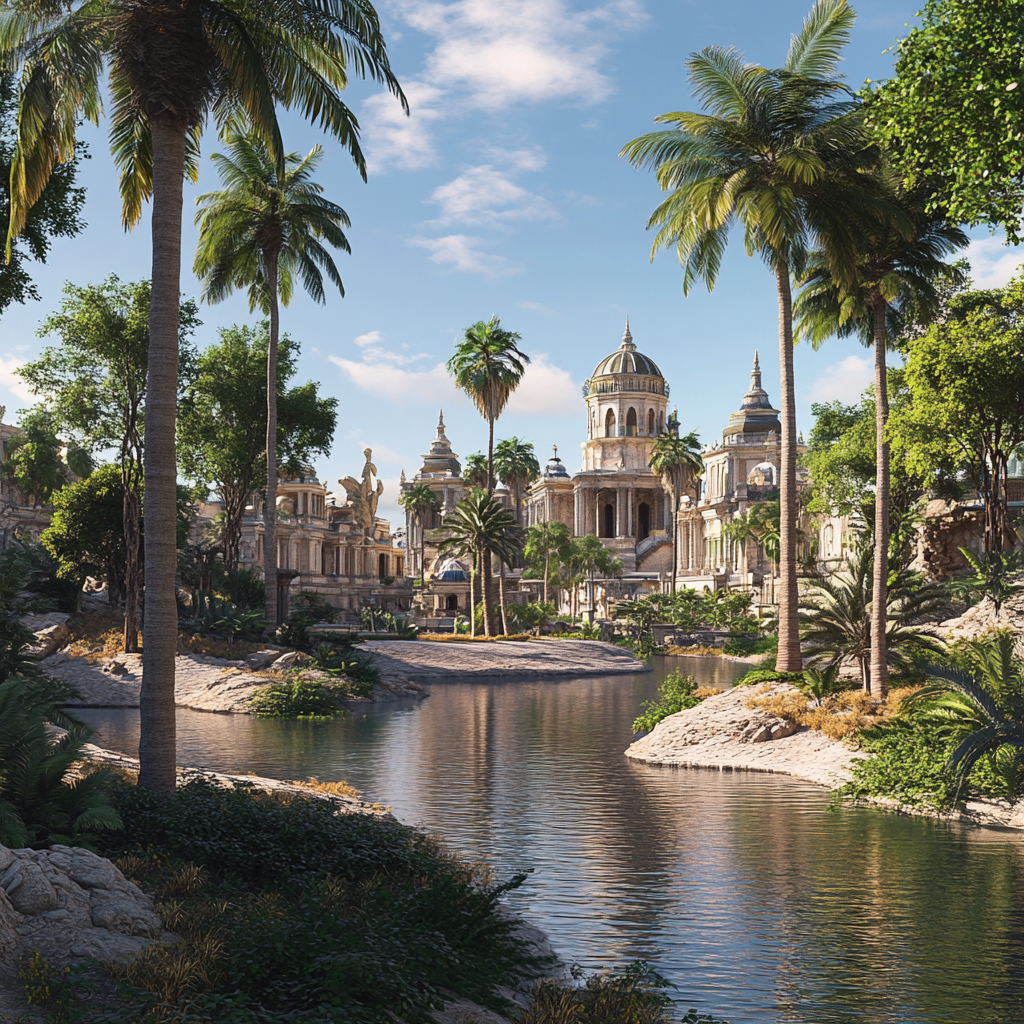 Outdoor park with palm trees, historical, empty, well-designed island.