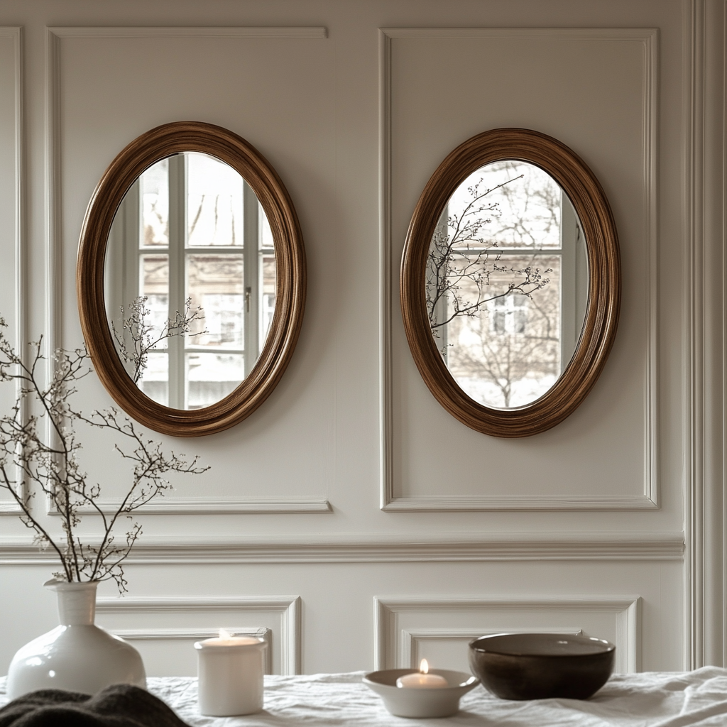 Oval crystal mirrors with wooden frames in old gold.