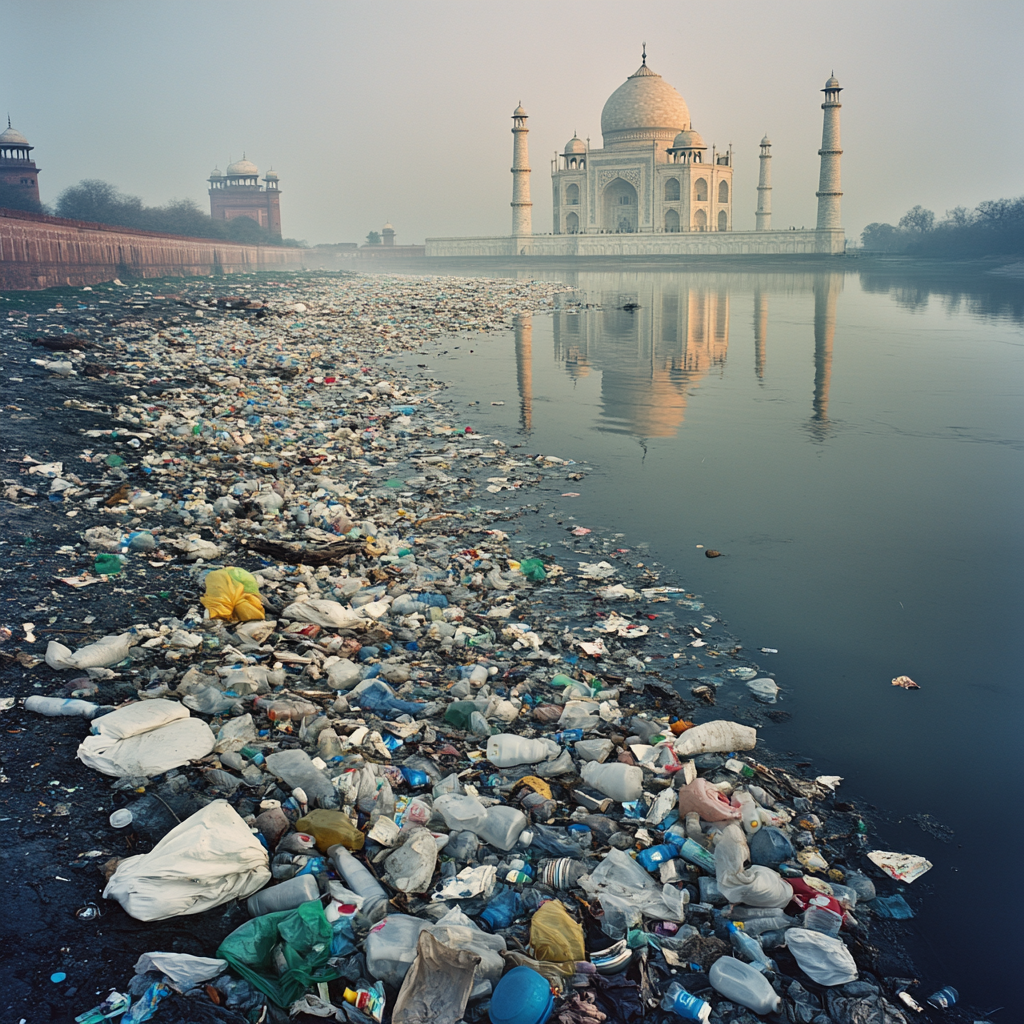 Overflowing plastic waste in Indian streets, rivers, landscapes. Taj Mahal visible.