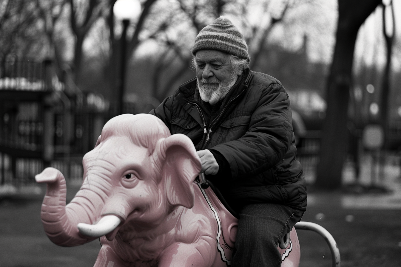 Overweight man in winter jacket rides pink elephant.