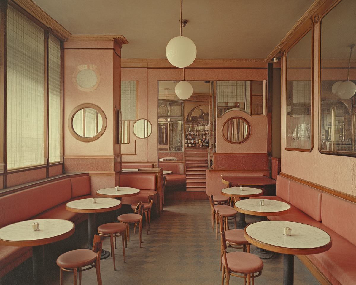 Parisian cafe interior with circular tables from 20th century.