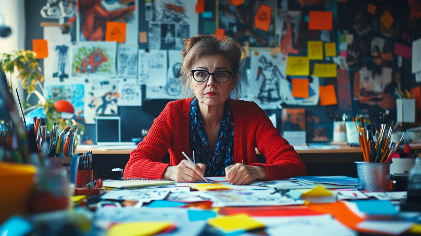 Passionate middle-aged woman brainstorming at cluttered desk.