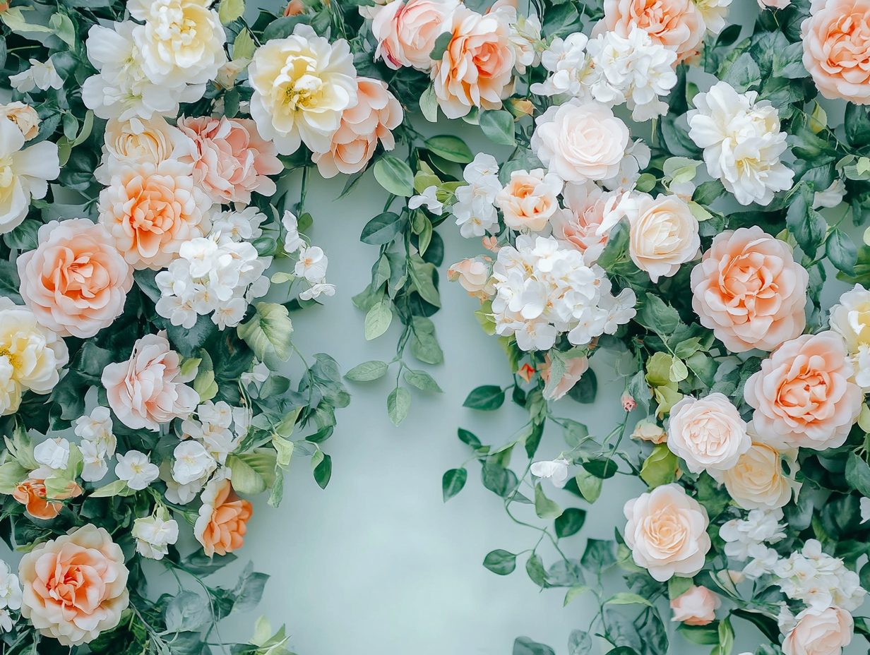 Pastel colors and flowers backdrop for wedding party photowall.