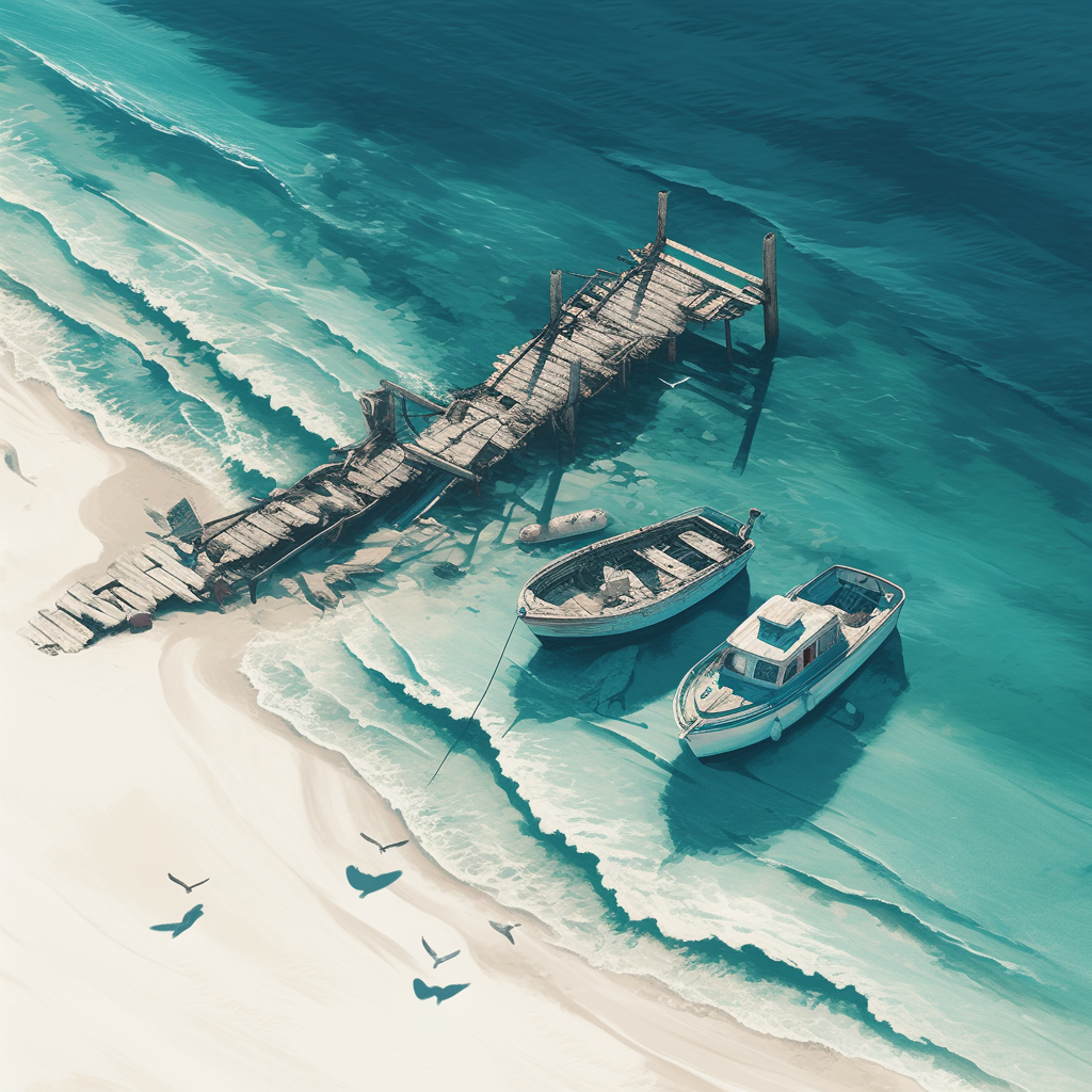 Peaceful seashore with ruined pier, old boat, seagulls.