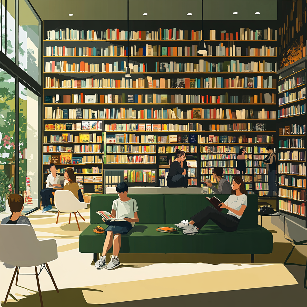 People reading books in modern, cozy library setting.