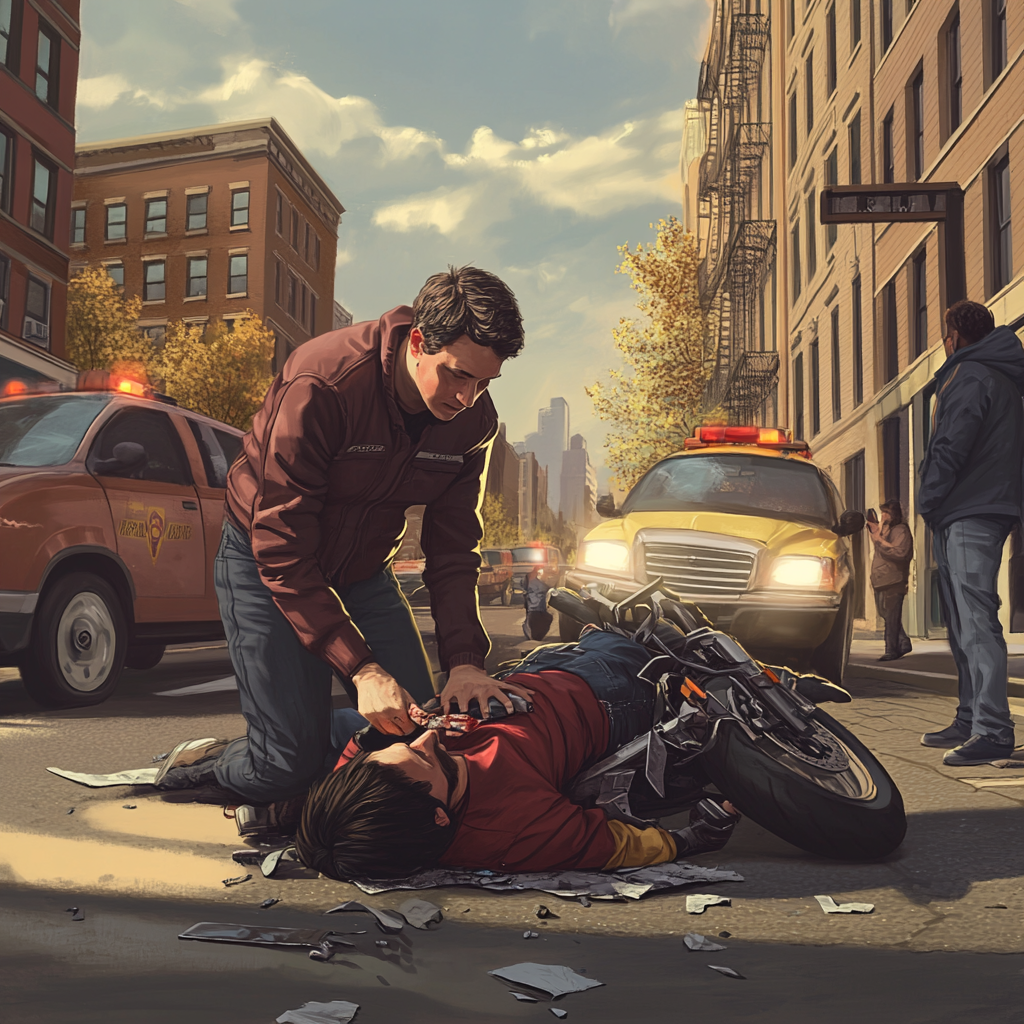 Person performing CPR on motorcycle accident victim on city street.