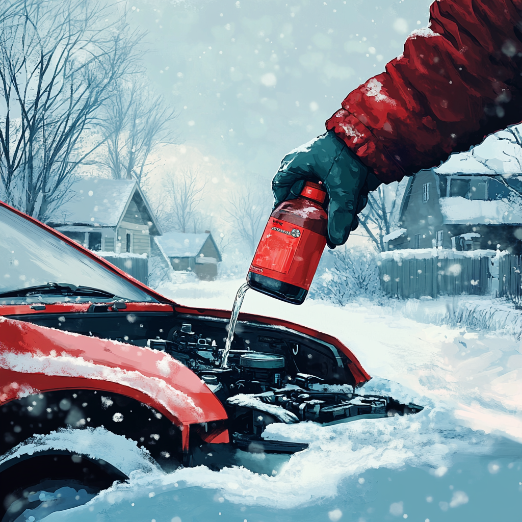 Person pours antifreeze into car's engine in winter.