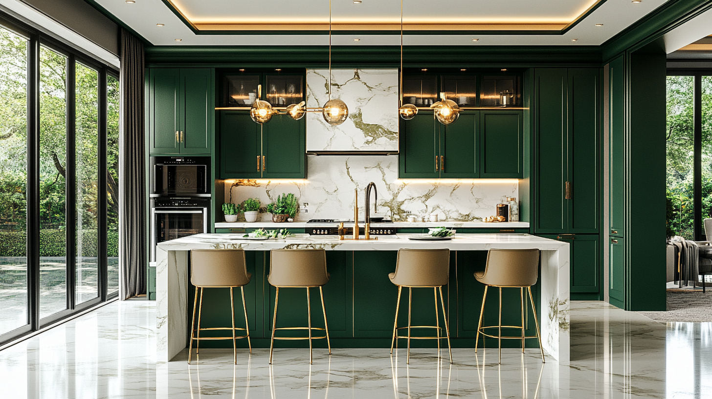 Photo of luxurious kitchen with green cabinetry and marble.