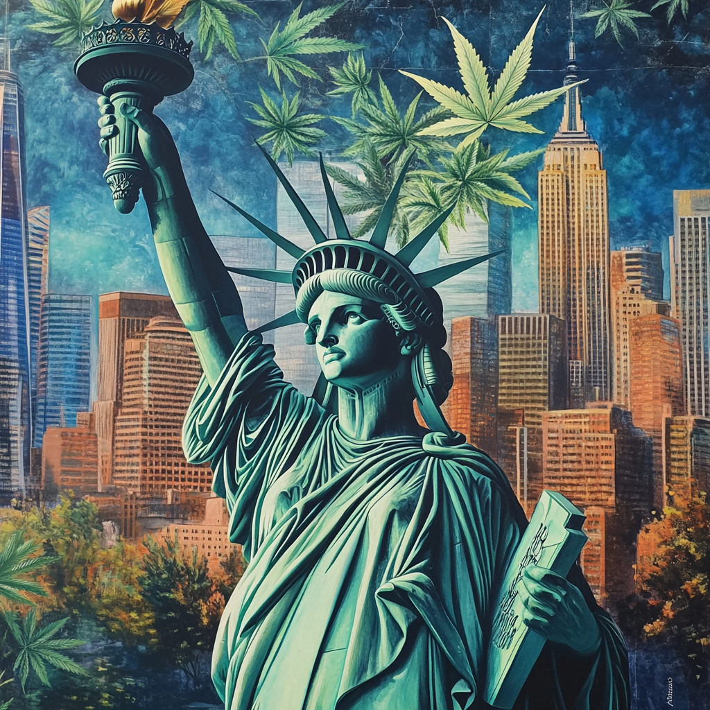 Photograph of Statue of Liberty with cannabis crown.