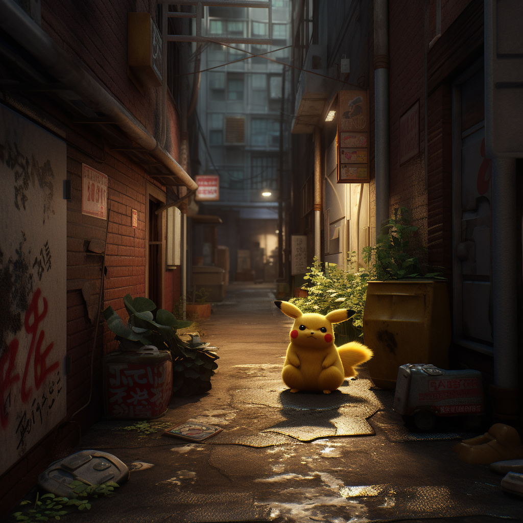 Photorealistic Pikachu with fluffy fur in Japanese alleyway