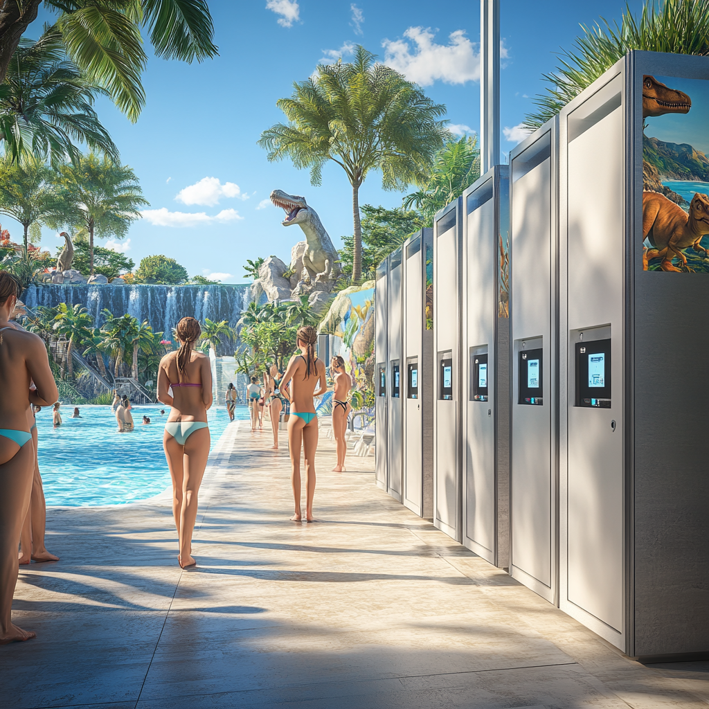 Photorealistic image of RFID lockers in waterpark setting.