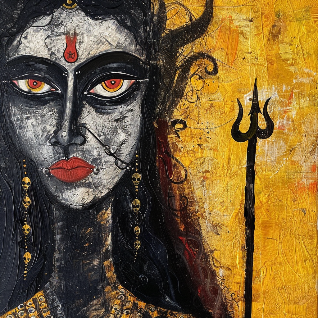 Picasso style oil painting of proud smiling goddess Kali.