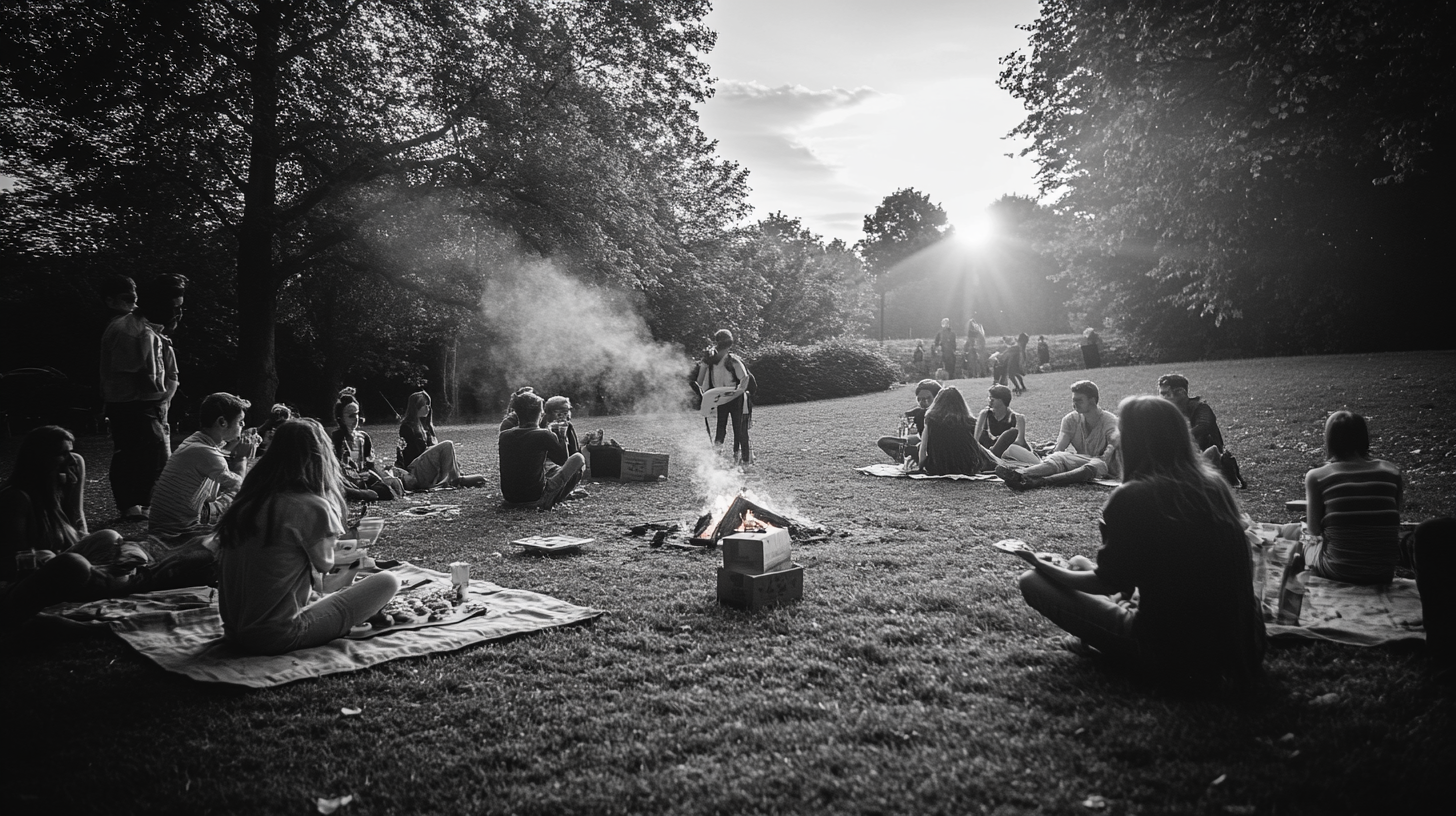 Picnic in Antwerp park, people relaxing around campfire.