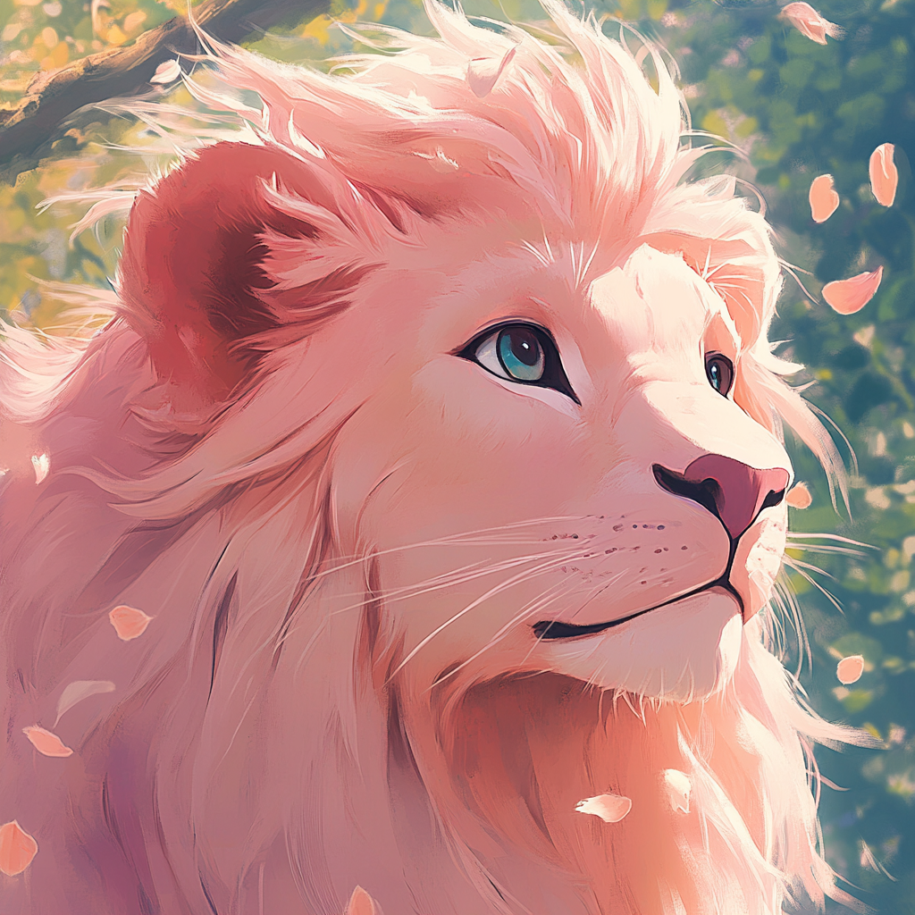 Pink lion with long hair, big eyes, bright colors.