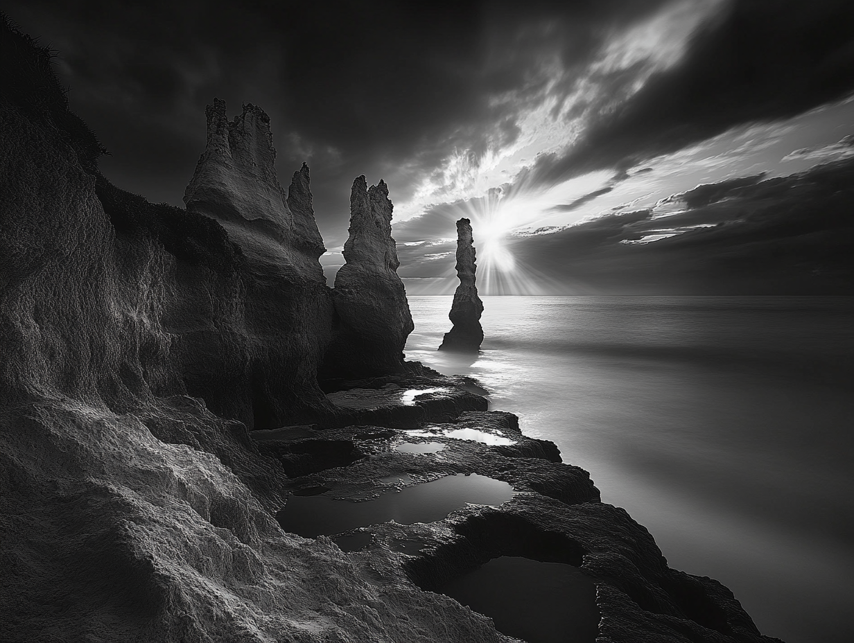 Pinnacle limestone rocks at sunset on stormy ocean.