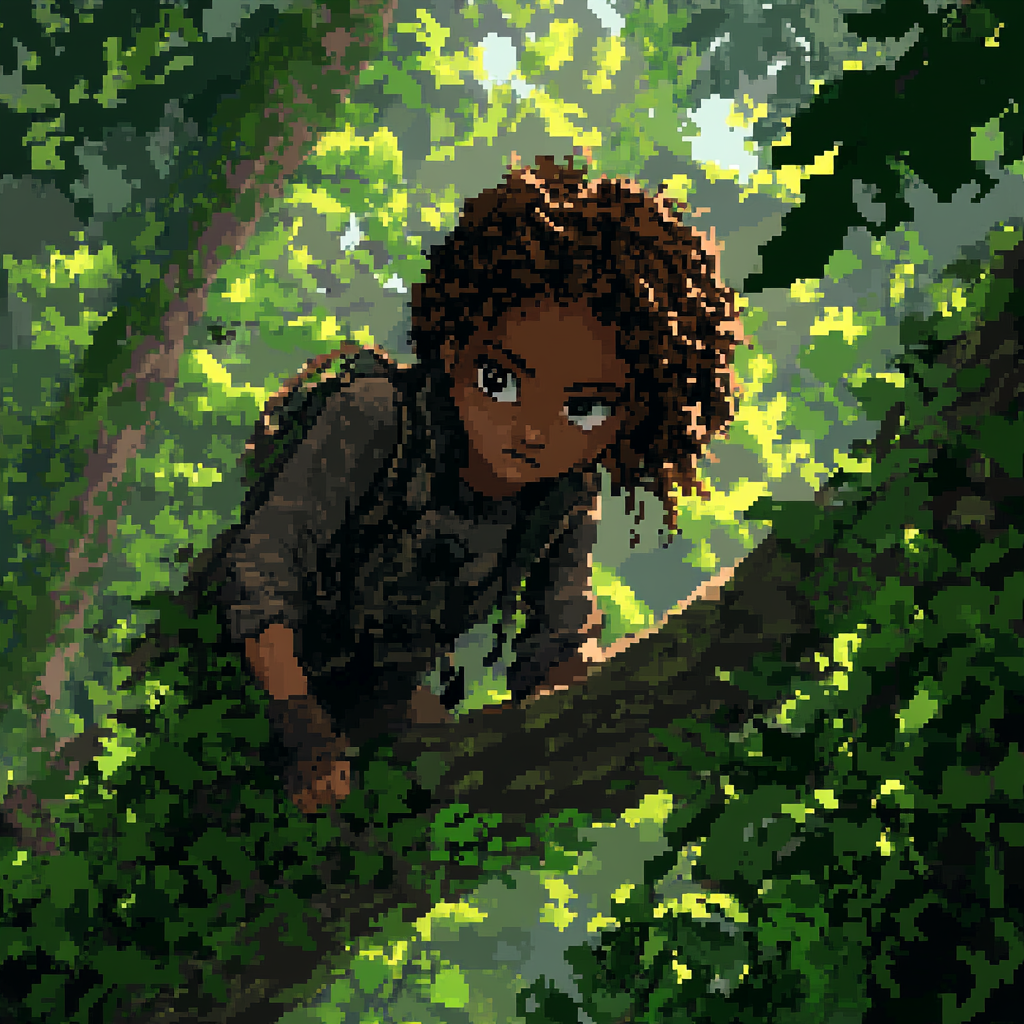 Pixelated Nintendo DS art of small girl Rue in 74th Hunger Games arena.