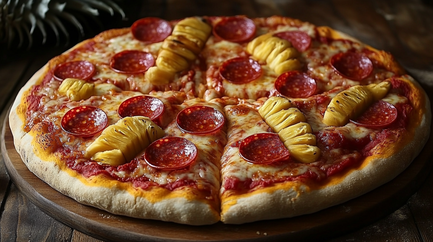 Pizza shaped like two feet with pepperoni and ananas.